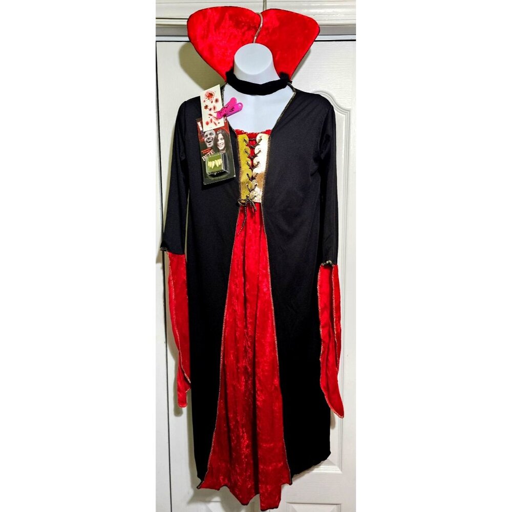 Vampire Costume Girls 10-12 Renaissance Red Velvet Dress Collar Fangs Rubies Kid